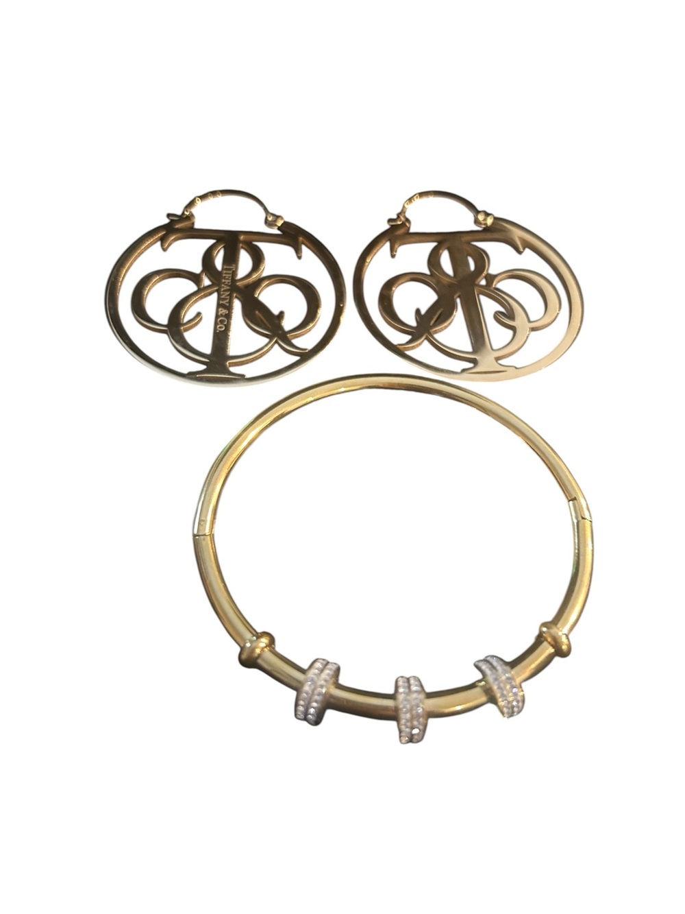 Fashion Jewelry /Tiffany & Co.  Gold Logo Hoop Earrings with Gold Bangle